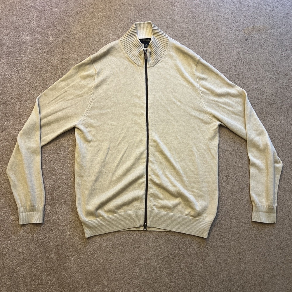 Brooks Brothers Mens XL Beige Full Zip Cardigan Sweater Cotton Linen Mock Neck
